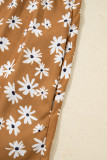 Khaki Plus Size Daisy Floral Print Button Split Neck Puff Sleeve Dress