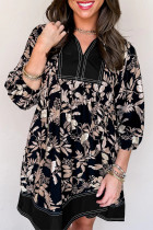 Black 3/4 Sleeve Botanical Print Split Neck Loose Mini Dress