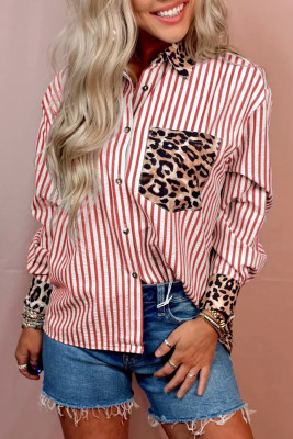 Racing Red Striped Leopard Print Patchwork Button Up Womens Shirt