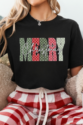 Black Plaid Checkered MERRY Christmas Graphic Crew Neck Tee
