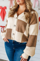 Khaki Checkered Ribbed Texture Knit Plus Size Cardigan Sweater