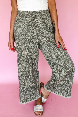 Brown Leopard Print Raw Hem Elastic Waist Loose Pull On Jeans