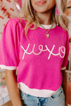 Bright Pink XOXO Embroidered Graphic Valentines Contrast Trim Crew Neck Short Puff Sleeve Sweater Tee