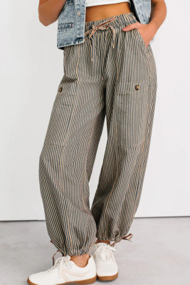 Khaki Stripe Button Patch Pocket Drawstring Elastic Waist Loose Pants