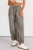 Khaki Stripe Button Patch Pocket Drawstring Elastic Waist Loose Pants