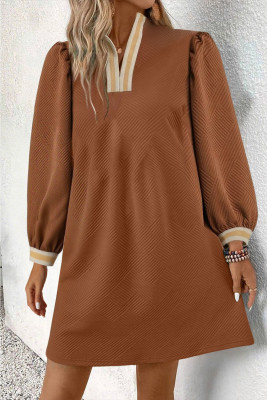 Chestnut Textured Contrast Striped Split Neck Long Sleeve Shift Mini Dress