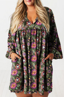 Green Plus Size Floral Print Collared V Neck Loose Mini Dress