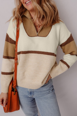 Parchment Colorblock Zipped Collared Pullover Sweater