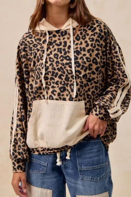 Leopard Print Waffle Contrast Kangaroo Pocket Hooded Sweatshirt