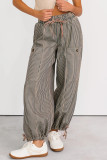 Khaki Stripe Button Patch Pocket Drawstring Elastic Waist Loose Pants