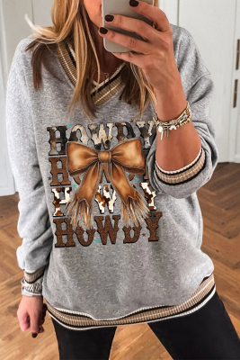 Gray Western HOWDY Bow Graphic V Neck Varsity Sweatshirt