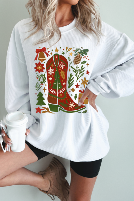 White Christmas Leafy Boot Printed Corded Rib Drop Shoulder Sweatshirt