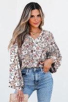 Khaki Bold Floral Print Frilled Puff Sleeve Button Down Shirt