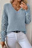 Beau Blue Solid V Neck Pointelle Knit Sleeve Patchwork Sweater
