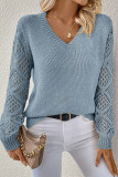 Beau Blue Solid V Neck Pointelle Knit Sleeve Patchwork Sweater
