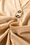Light French Beige Solid Color Button V Neck Long Sleeve Top