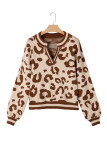 Light French Beige Leopard Printed Knit V Neck Casual Sweater