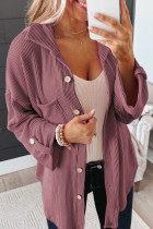 Fiery Red Pink Roll Tab Sleeve Ribbed Cording Shacket