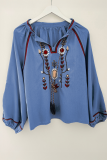 Real Teal Floral Embroidered Split Neck Tassel Tie Puff Sleeve Blouse