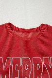 Fiery Red Twist Ribbed MERRY Letter Graphic Plus Size Pullover