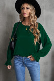 Green Crew Neck Ruffle Bubble Sleeve Top