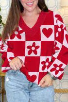 Fiery Red V Neck Flower Heart Detail Checkered Knit Loose Sweater