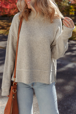 Gray Morn Waffle Texture Knit Ribbed High Neck Drop Shoulder Sweater
