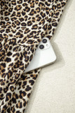 Khaki Plus Size Leopard Print Striped Trim V Neck Drop Waist Long Sleeve Mini Dress