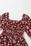 Red Floral Print Long Sleeve Square Neck Smocked Maxi Dress