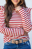Red Stripe Round Neck Ruffle Trim Long Sleeve Top