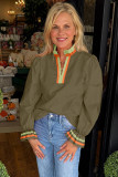 Four Leaf Clover Striped Trim Ruffle Split Neck Long Sleeve Blouse