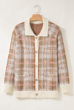 Khaki Vintage Pattern Ribbed Trim Button Front Plus Size Cardigan Sweater