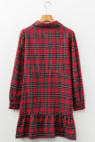 Red Plaid Shirt Collar Half Button Ruffle Hem Long Sleeve Mini Dress