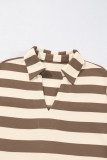 Khaki Stripe Collared V Neck Long Sleeve Loose Casual Dress