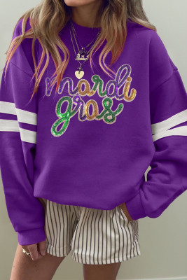 Tillandsia Purple Sequin Mardi Gras Letter Graphic Oversized Varsity Sweatshirt