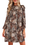 Brown Leopard Ruffled Detail Long Sleeve Loose Mini Dress