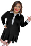 Black Plus Size Striped Cuffs Polo Collar Patchwork Long Sleeve Ruffle Hem Dress