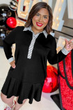 Black Plus Size Striped Cuffs Polo Collar Patchwork Long Sleeve Ruffle Hem Dress