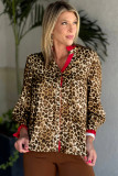 Brown Fierce Leopard Allure Contrast Ruffle Trim V Neck Shirt