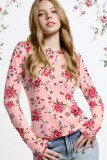 Pink Floral Print Exposed Seam Detail Mesh Long Sleeve Top