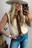White Horizontal Ribbed Knit Contrast Trim Ties Front Sweater Vest