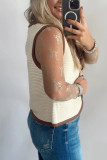 White Horizontal Ribbed Knit Contrast Trim Ties Front Sweater Vest