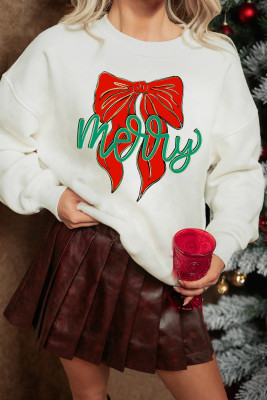 White merry Festive Bow Print Drop Shoulder Loose Pullover Sweatshirt