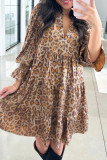 Khaki Leopard Print V Neck Ruffled Sleeve Tiered Loose Mini Dress