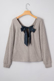 Simply Taupe Ribbed V Neck Contrast Ribbon Bow Back Drop Shoulder Long Sleeve Top