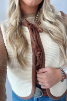 White Horizontal Ribbed Knit Contrast Trim Ties Front Sweater Vest
