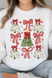 White Christmas Tree Ribbon Bow Printed Drop Shoulder Sweatshirt