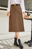 Coffee Front Slit Shift High Waist Midi Skirt