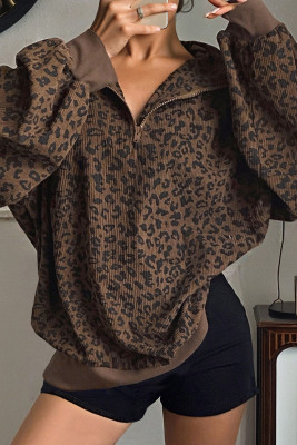 Brown Leopard Print Quarter Zip Corduroy Sweatshirt