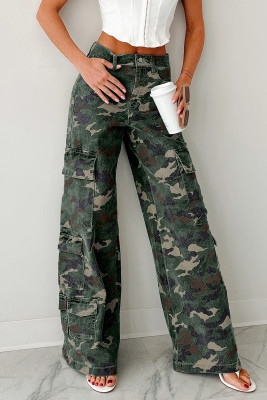 Green Camo Denim Cargo Wide Leg Pants